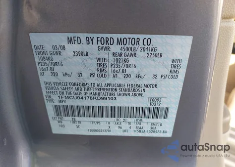 2008 Ford Escape Limited из США, поврежденный, VIN 1FMCU04178KD99103